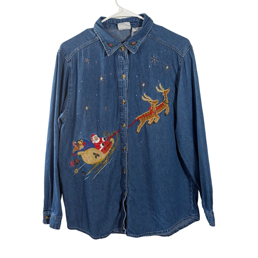 Bobbie Brooks Christmas Denim Shirt Medium Santa Reindeer Embroidered Cotton